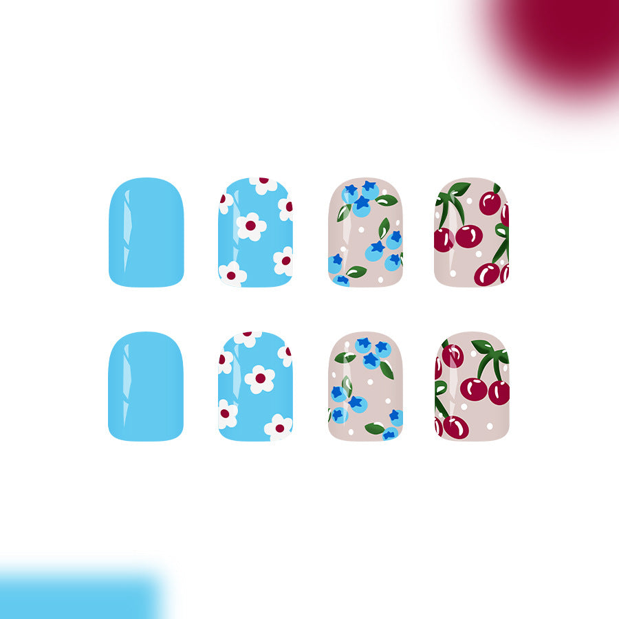 24pcs/Set Blue & White Floral Cherry Blueberry Press On Nails
