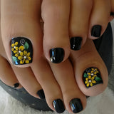 24pcs/Set Yellow Flowers with Green Leaves Press On Toe Nails