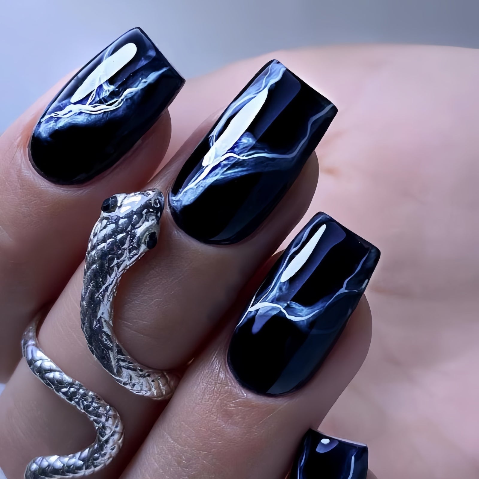 24pcs/Set Navy Blue Marble Pattern Press-On Nails
