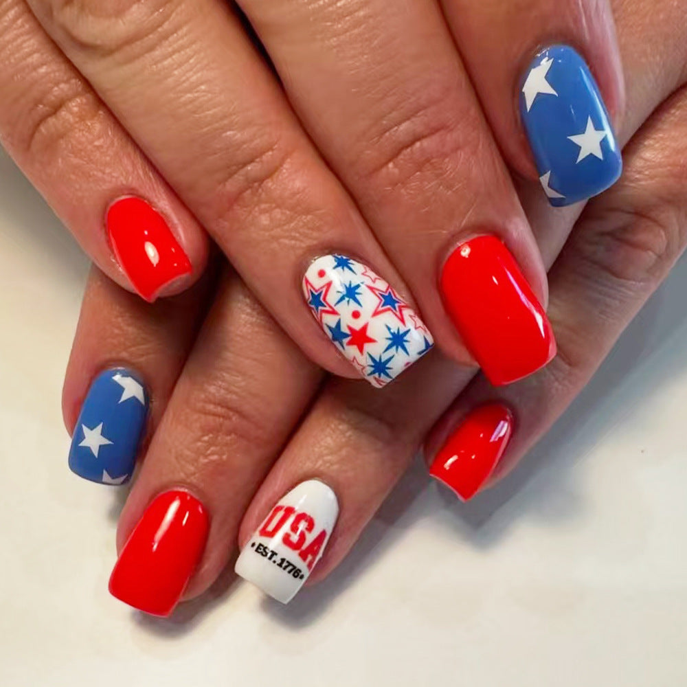 24pcs/Set Red, White & Blue Stars Press-On Nails