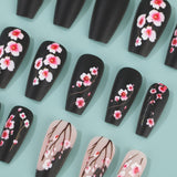 24pcs/Set Matte Black Cherry Blossom Press-On Nails