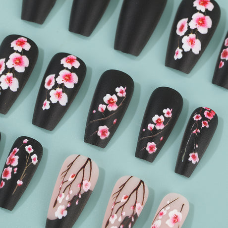 24pcs/Set Matte Black Cherry Blossom Press-On Nails