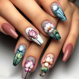 24pcs/Set Watercolor Lotus Flowers Press-On Nails