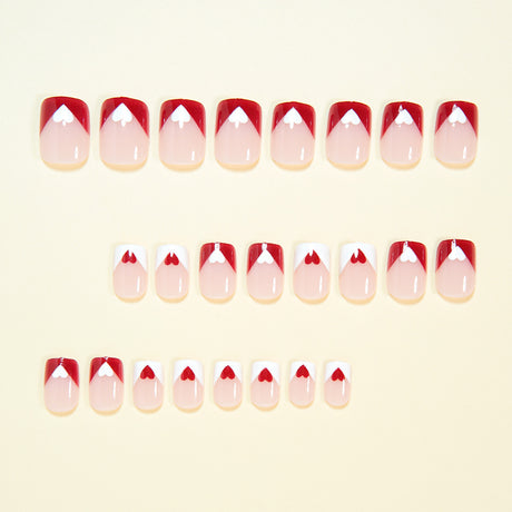 24pcs/Set Burgundy Heart French Short Press On Nails