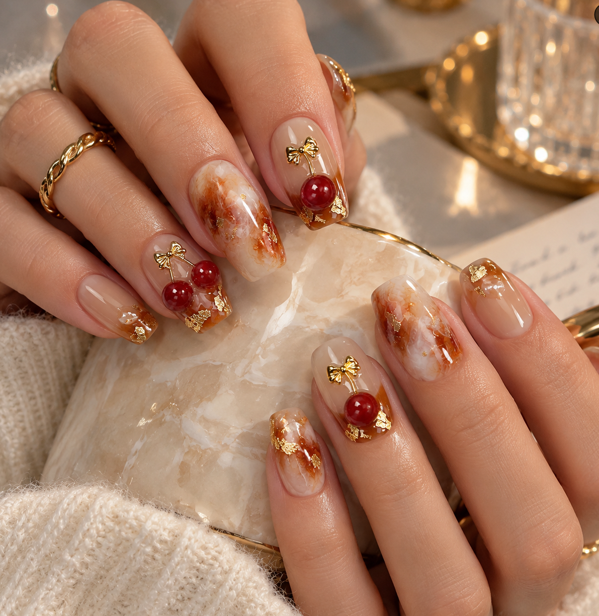 (Handmade) 10pcs/Set Amber Marble Nails with 3D Cherries Press-On Nails