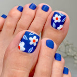 24pcs/Set Blue Flowers Press On Toe Nails