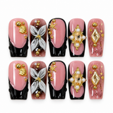 (Handmade) 10pcs/Set Black French Tips with Floral Design Press-On Nails