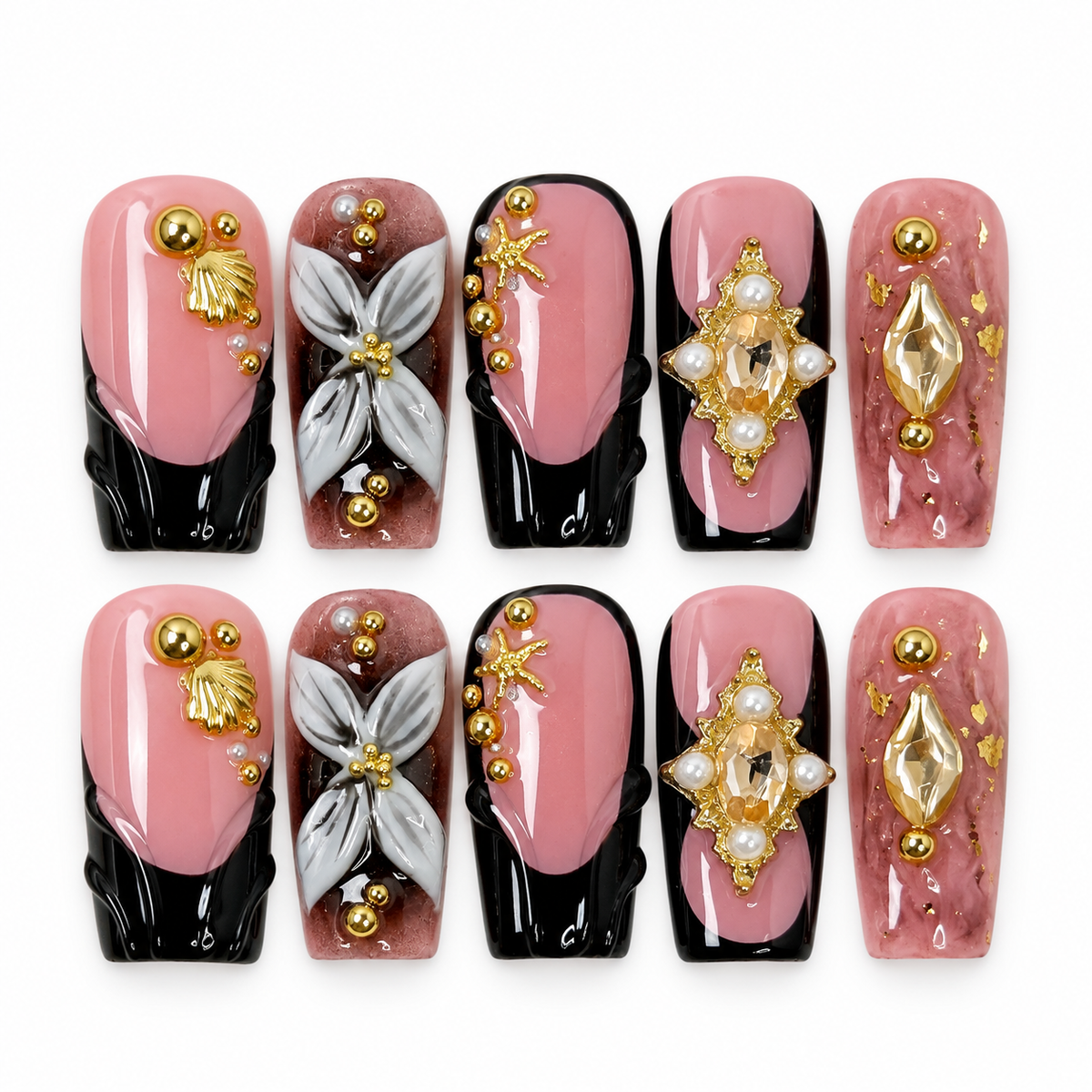 (Handmade) 10pcs/Set Black French Tips with Floral Design Press-On Nails