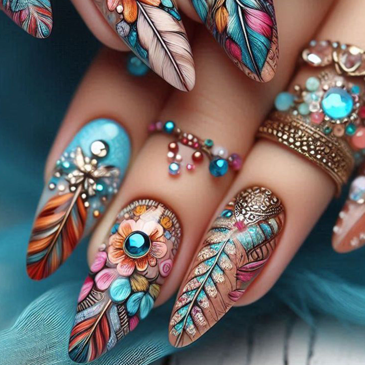 24pcs/Set Colorful Feathers Press-On Nails