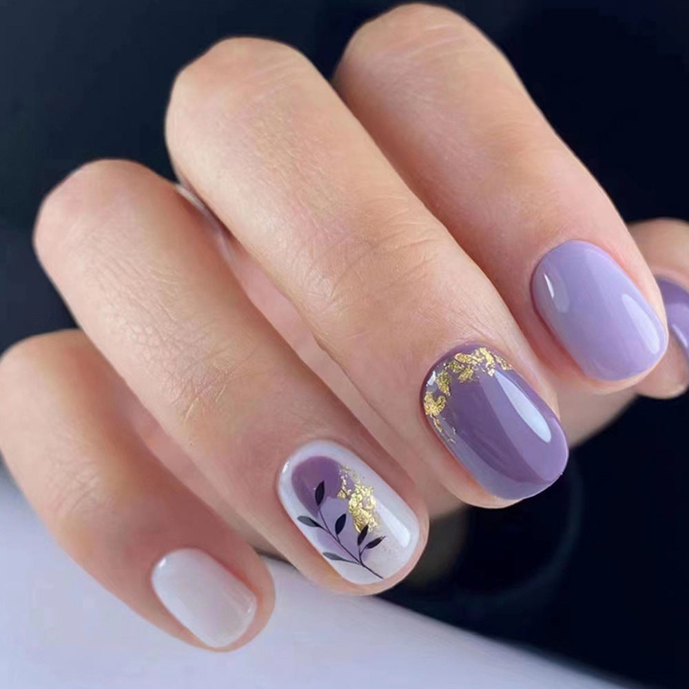 24pcs/Set Purple Taro Shimmering Gold Foliage Press-On Nails