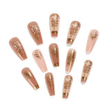 24pcs/Set Pink 3D Gold Leaf Press-On Nails