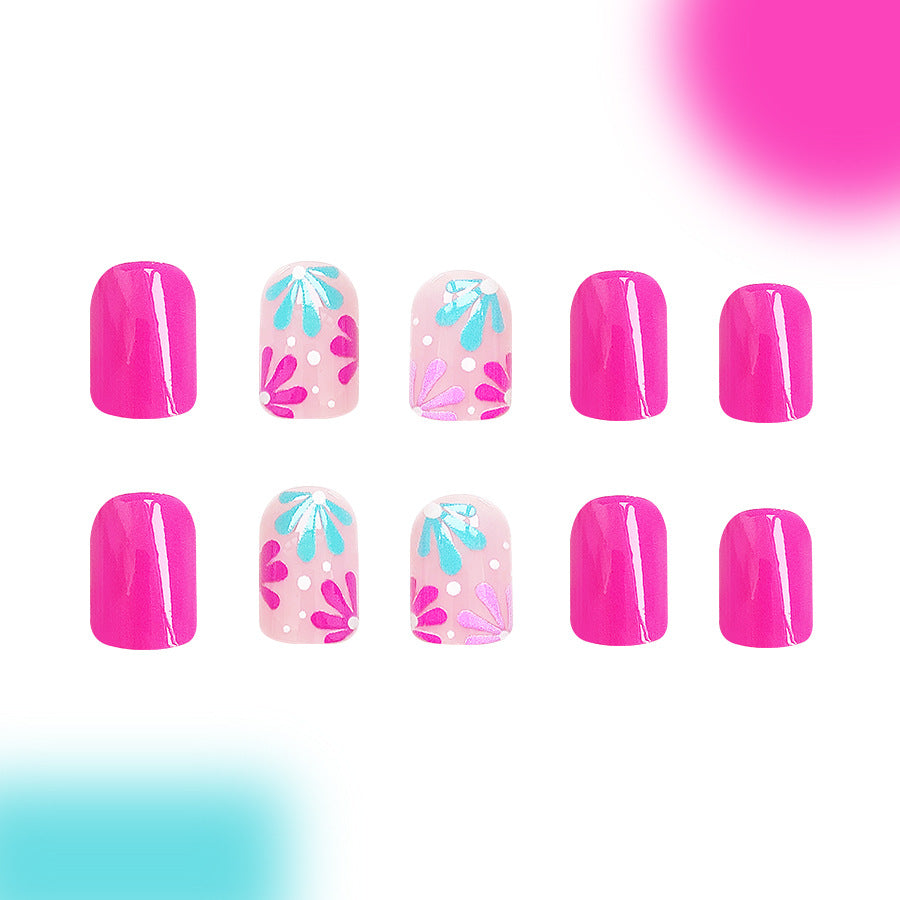 24pcs/Set Pink Flowers Short Press-On Nails