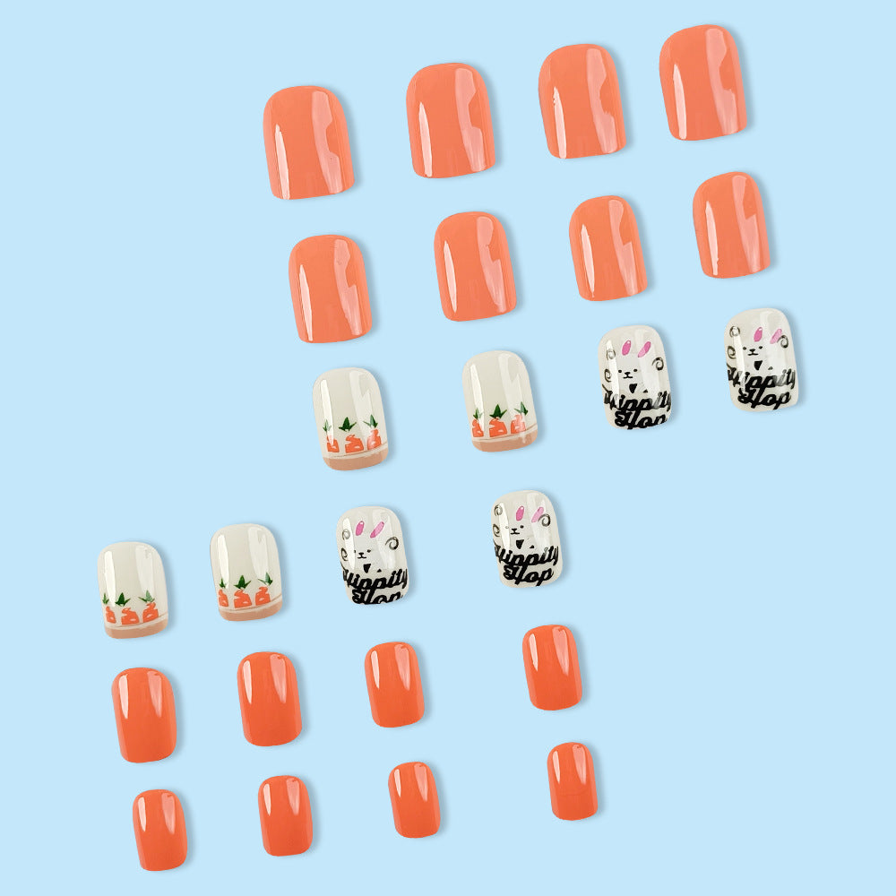 24pcs/Set Carrot Cartoon Little Rabbit Short Press-On Nails