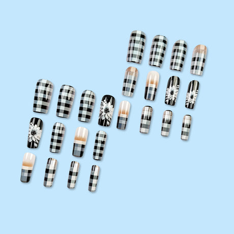 24pcs/Set Plaid Houndstooth with Floral Press-On Nails