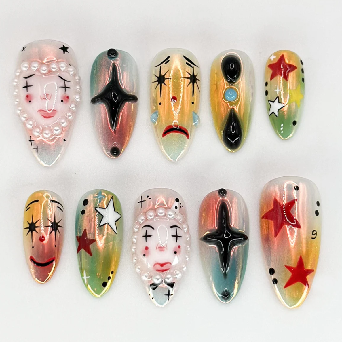 (Handmade) 10pcs/Set Artistic Clown-Themed Halloween Press-On Nails