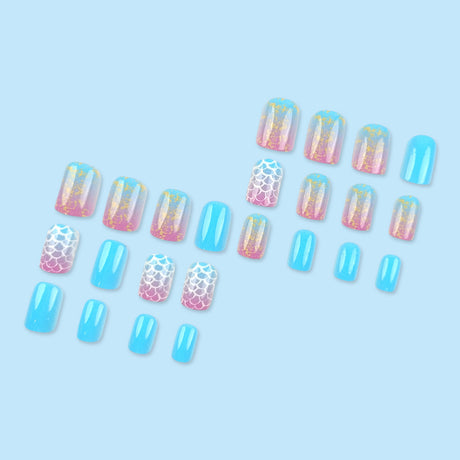 24pcs/Set Blue Scale Texture Short Press On Nails
