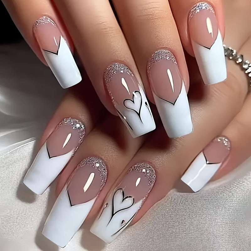 24pcs/Set French White Heart-Shaped Press-On Nails