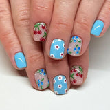 24pcs/Set Blue & White Floral Cherry Blueberry Press On Nails