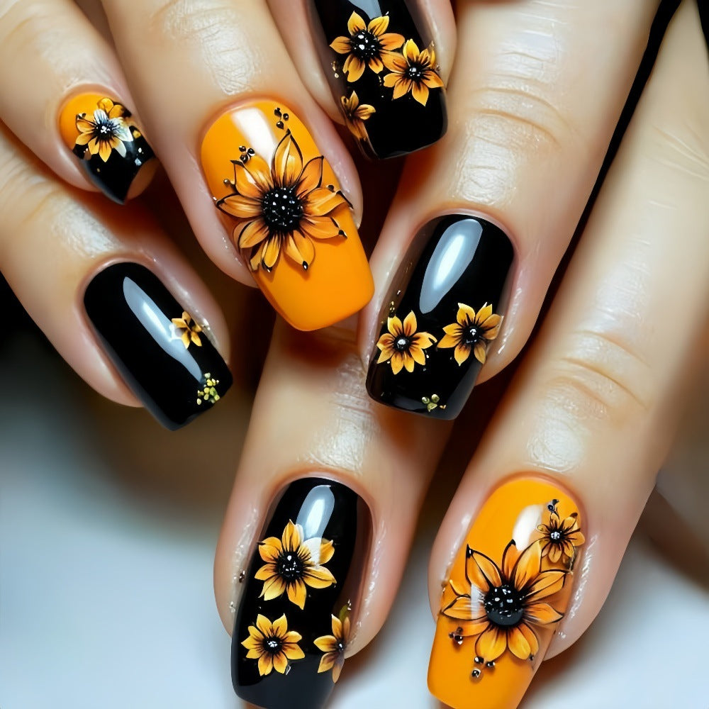 24pcs/Set Black & Orange Contrast Floral Press-On Nails