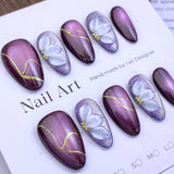 (Handmade) 10pcs/Set Gold Thread Line Purple Cat Eye Press-On Nails