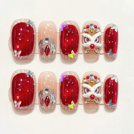 (Handmade) 10pcs/Set Red Awakening Lion Crushed Rhinestone Press-On Nails