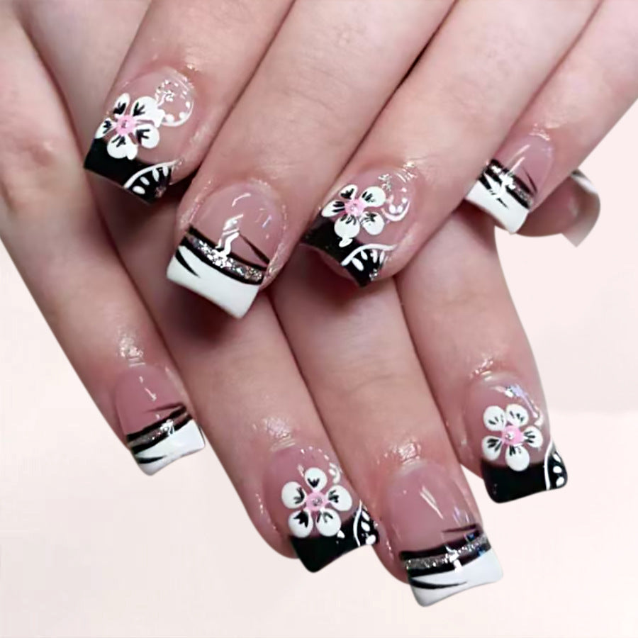 24pcs/Set Black & White French Stripe Flowers Press-On Nails