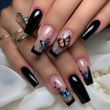 24pcs/Set Black Butterfly Floral French Press-On Nails
