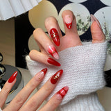 (Handmade) 10pcs/Set Red French Tips with Gold Foil Bow Press-On Nails