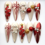 (Handmade) 10pcs/Set Christmas 3D Bow Tree & Balloon Press On Nails