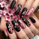 24pcs/Set Matte Black Cherry Blossom Press-On Nails