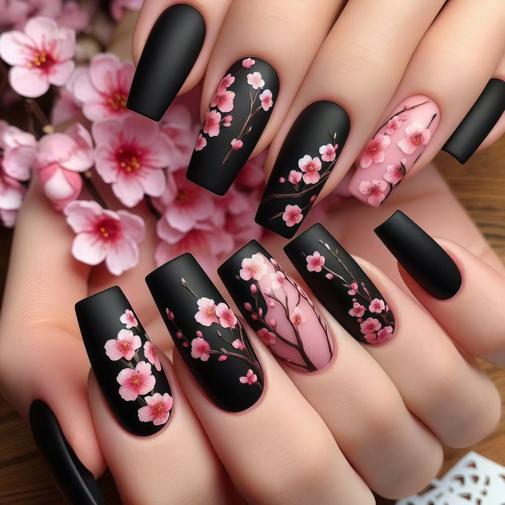 24pcs/Set Matte Black Cherry Blossom Press-On Nails