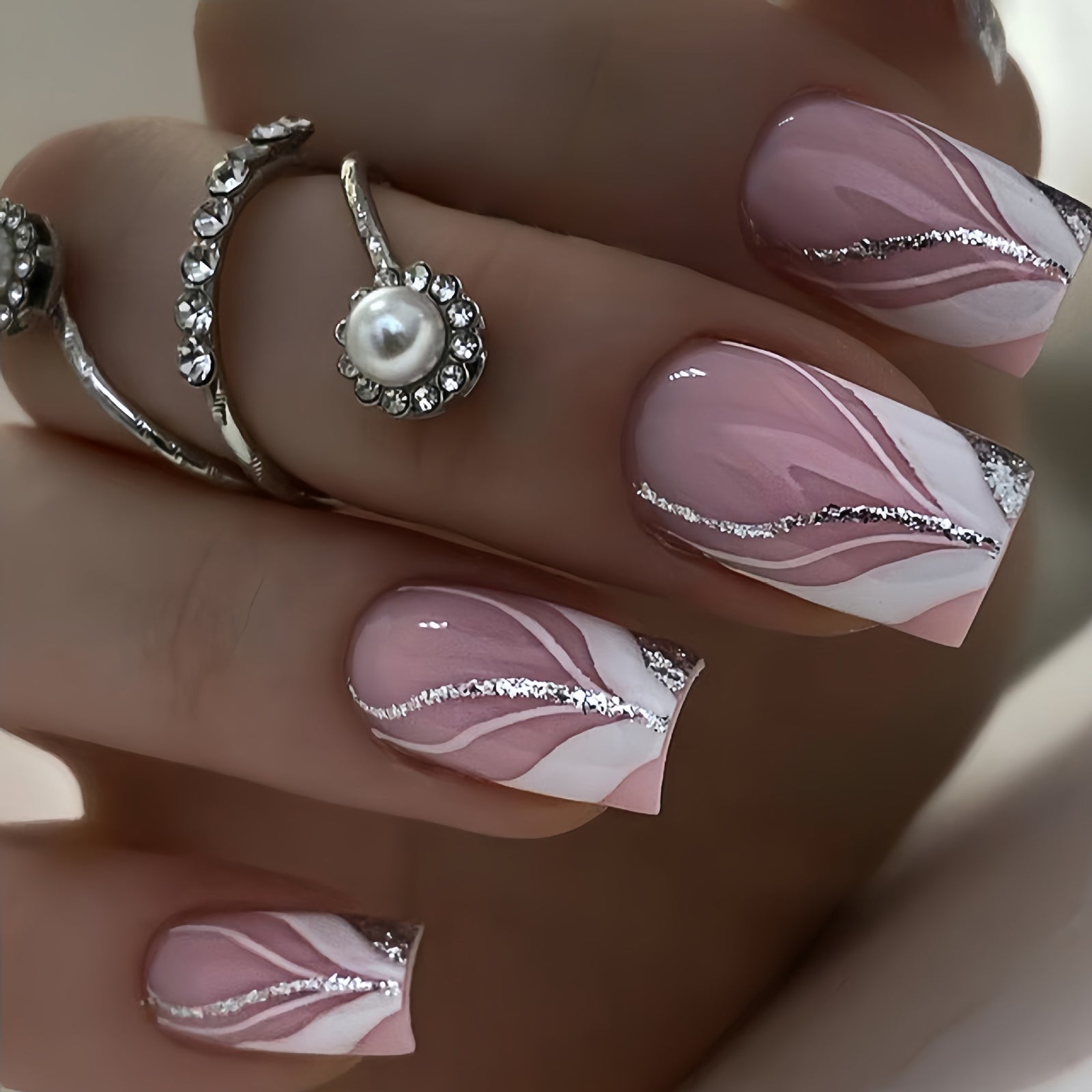 24pcs/Set Silver Pink Swirl Press-On Nails