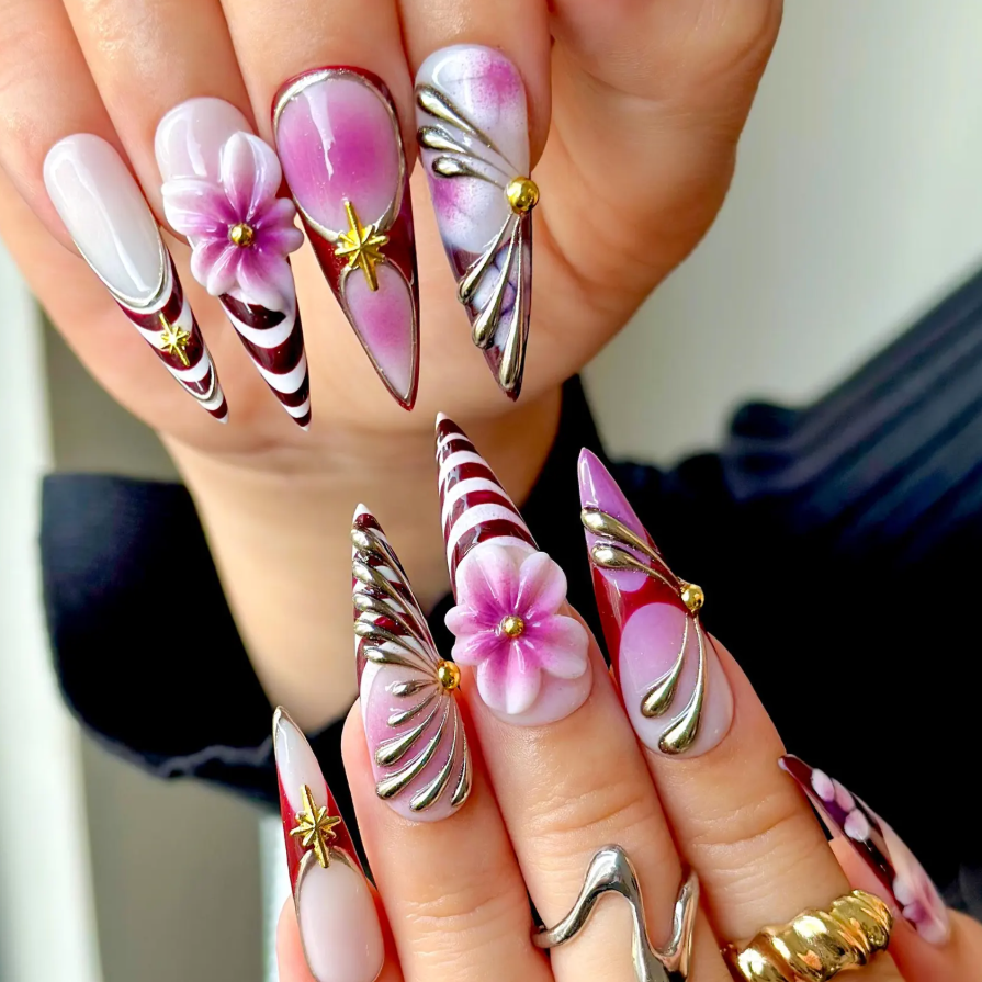 (Handmade) 10pcs/Set Elegant Violet Floral Press On Nails