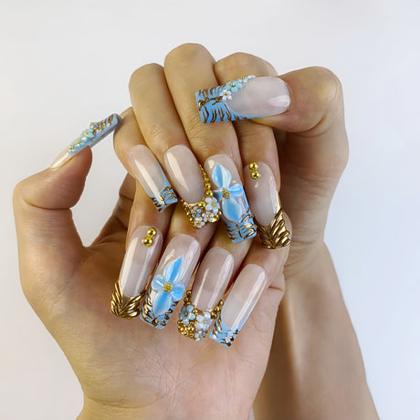 (Handmade) 10pcs/Set Blue 3D Flower Gold Zebra French Press-On Nails