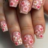 24pcs/Set Red 3D Embossed Cherry Blossoms Short Press On Nails