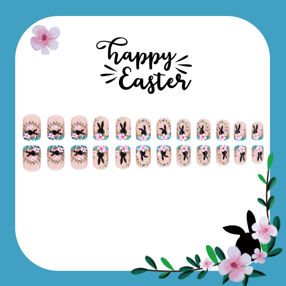 24pcs/Set Floral Bunny Blue French Short Press On Nails