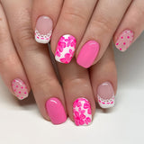 24pcs/Set Pink Polka Dots with White French Floral Press-On Nails
