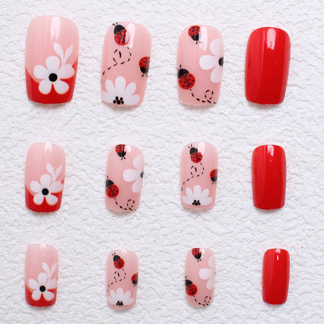 24pcs/Set White Flowers & Ladybug Red French Press-On Nails