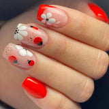 24pcs/Set White Flowers & Ladybug Red French Press-On Nails