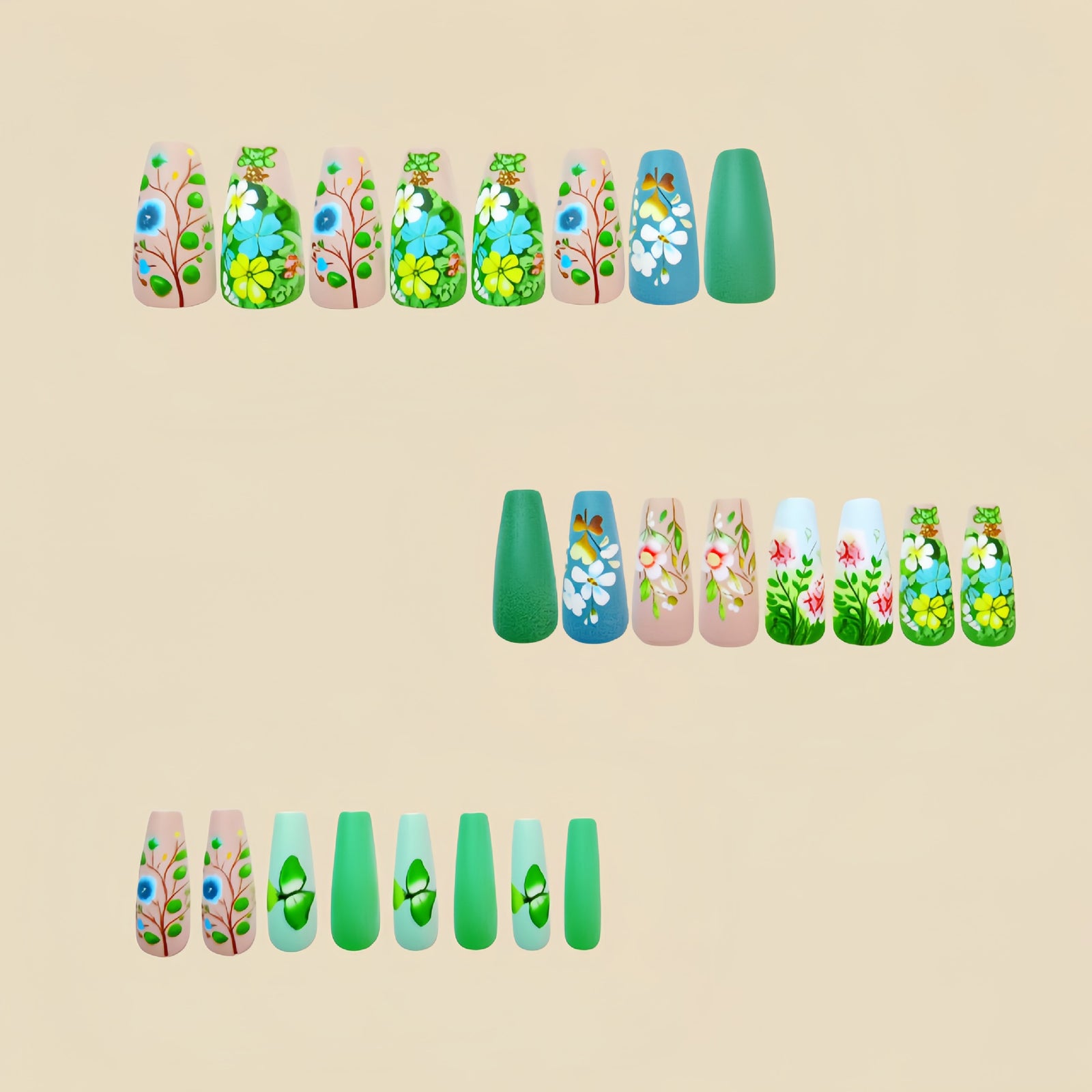 24pcs/Set Green Flowers Press-On Nails