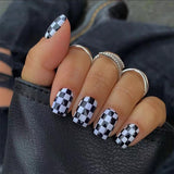 24pcs/Set Black and White Plaid Short Press-On Nails