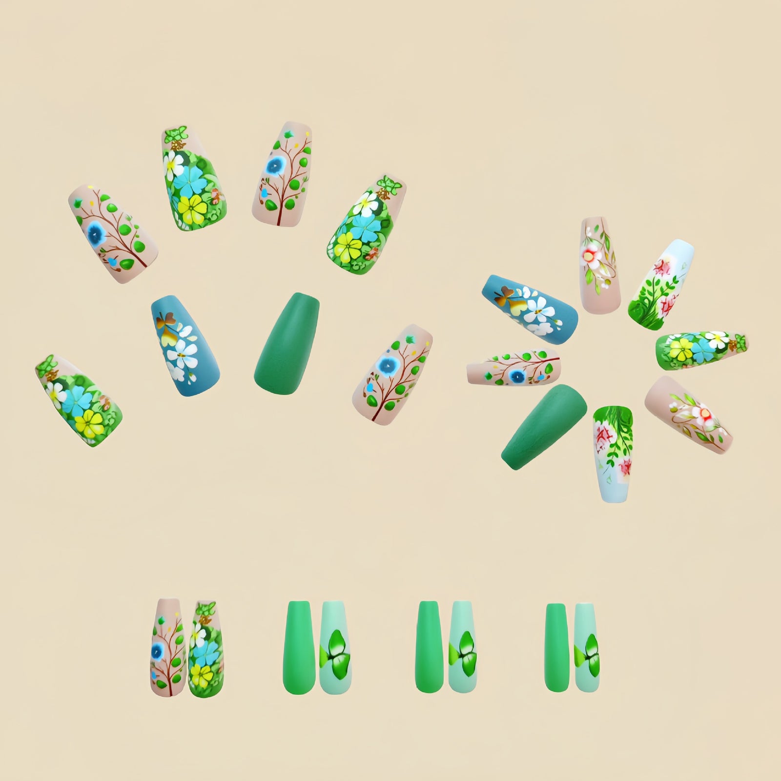 24pcs/Set Green Flowers Press-On Nails