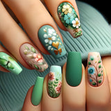 24pcs/Set Green Flowers Press-On Nails