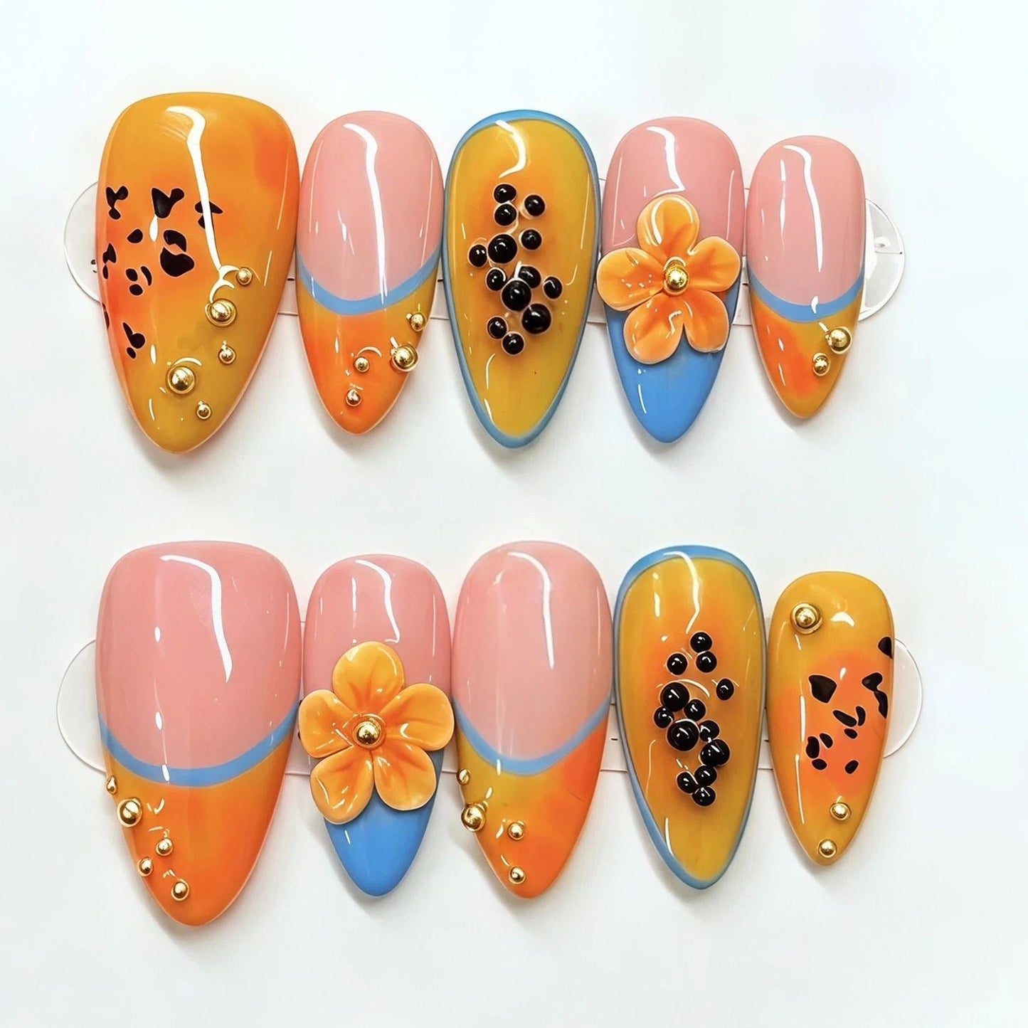(Handmade) 10pcs/Set Papaya Orange 3D Sculpted Floral French Press-On Nails