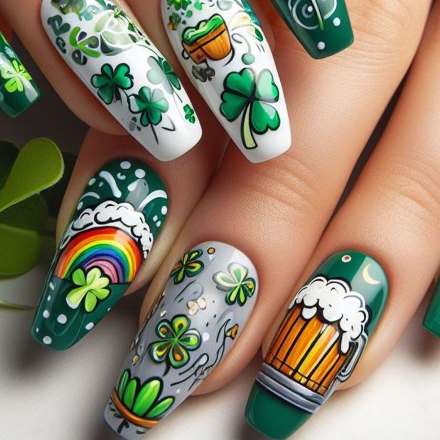 24pcs/Set Cartoon Clover Beer Press-On Nails