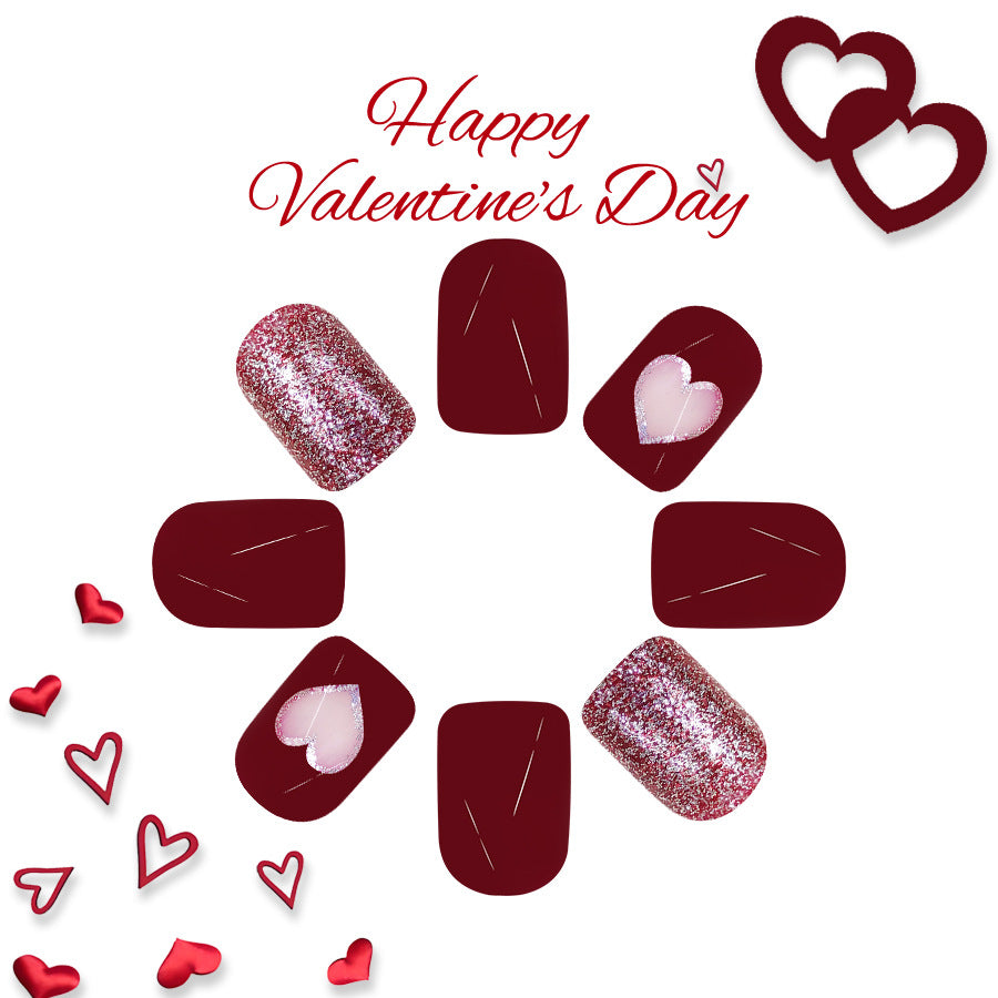 24pcs/Set Valentine's Day Wine Red Glitter Heart Short Press-On Nails