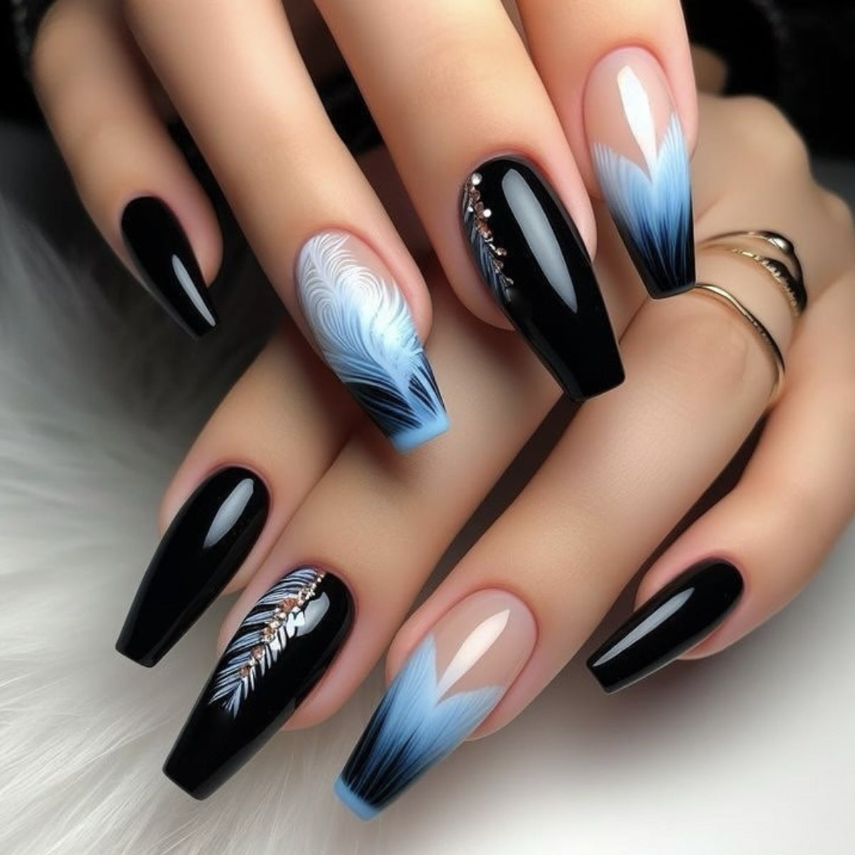 24pcs/Set Black and Blue Irregular Feather Press-On Nails