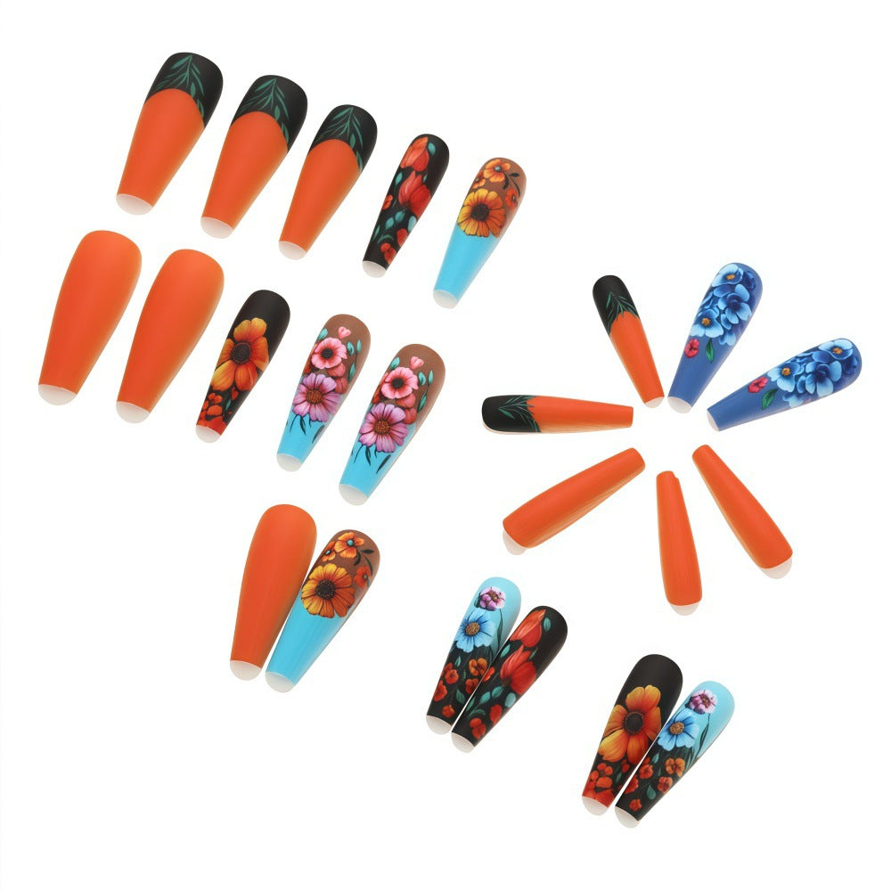24pcs/Set Matte Orange & Blue Floral Press-On Nails