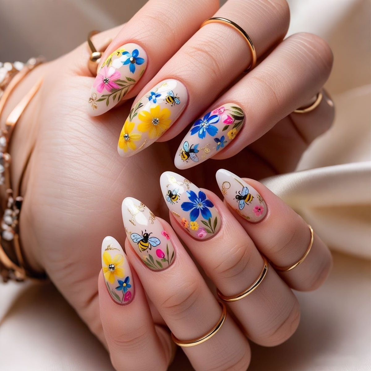 24pcs/Set Bee & Floral Bloom Press-On Nails