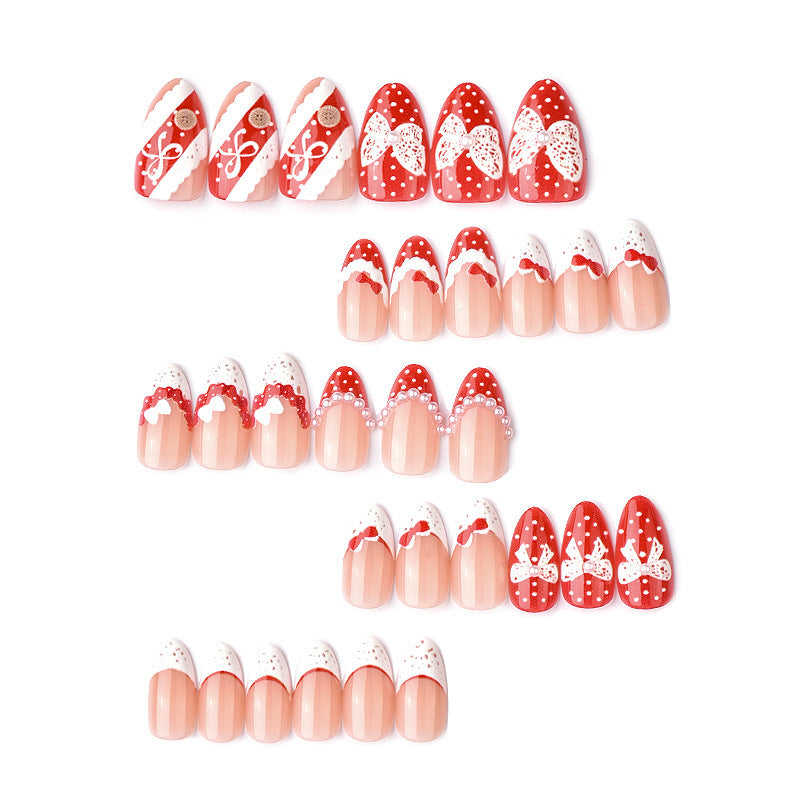 24pcs/Set Red & White Polka Dot Lace French Short Almond Press-On Nails